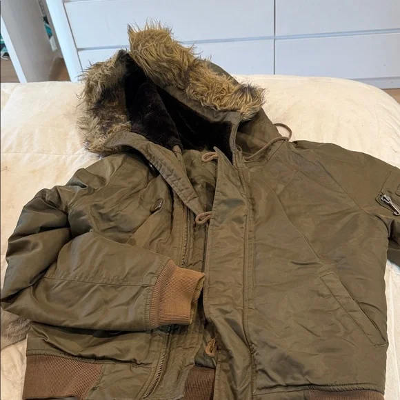 Olive Green Hooded Jacket with Faux Fur Trim- Juicy - Picture 1 of 2